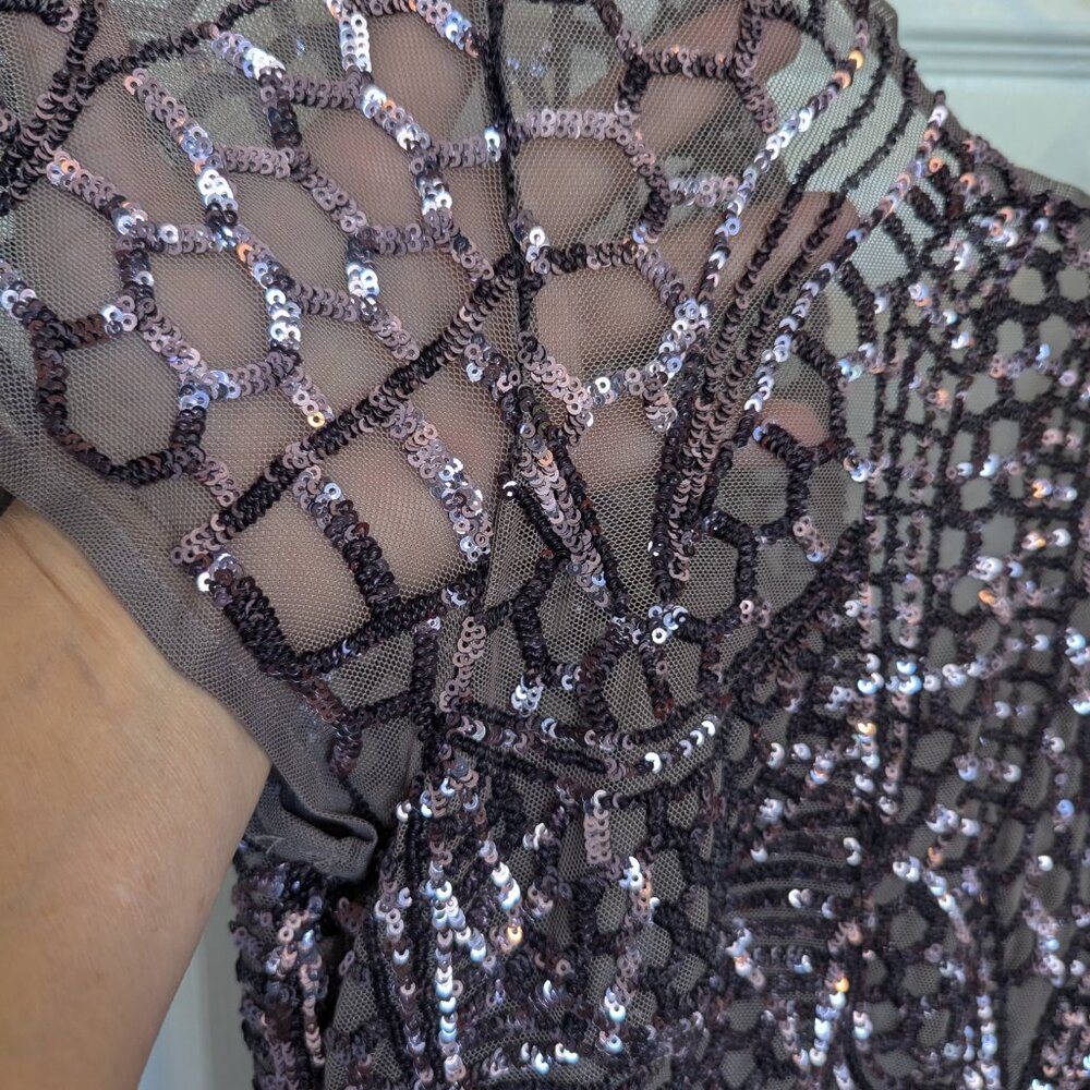 SEQUIN LACE & ILLUSION | Godet A-Line Dress | 12 | WORN 1x | Mauve \ Gatsby 1920 - Picture 3 of 11